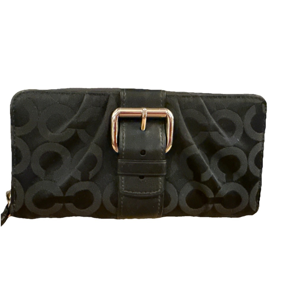 Coach Op Art Black Zip Around Buckle Large Pleated Wallet Logo Silver Hardware